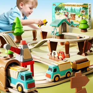 iPlay, iLearn 62PCS Train Track Set for Toddlers, Kids Motorized Magnetic Train Toys W/Trailer, Forest Crane Adventure Railway Playset, Birthday Gifts for 3 4 5 6 7 8 Year Old Boys Girls Children
