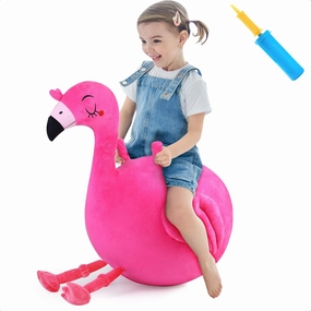 iPlay, iLearn Bouncy Pals Kids Flamingo Hopper Ball, Inflatable Bouncing Animal Hopping Toys, Pink Plush Ride on Bouncer, Outdoor Indoor Active Jumping, Birthday Gift for 3 4 5 6 Year Old Girl Toddler