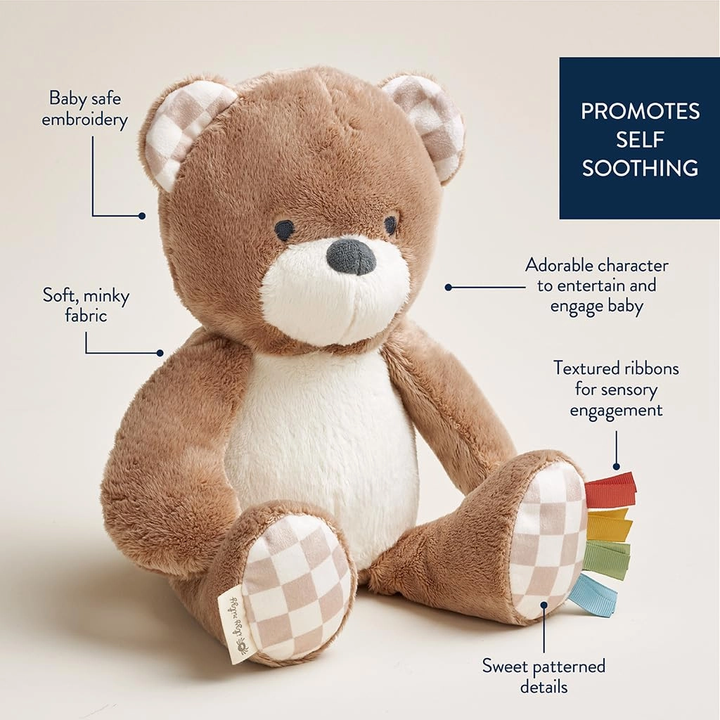 Itzy Ritzy Baby Plush Toy – Soft Stuffed Animal for Babies & Kids – Sensory Ribbons & Textured Fabrics for Tactile Play – Cozy & Cuddly Companion for Newborns & Up (Bear)