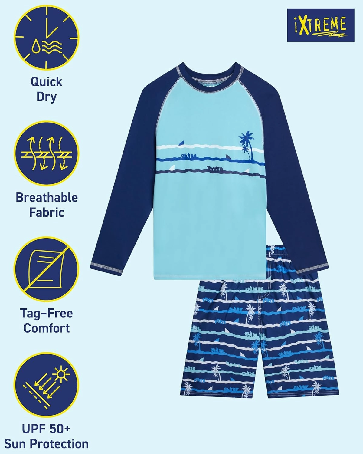 iXtreme Boys Rash Guard Set - 2 Piece UPF 50  Quick Dry Long Sleeve Swim Shirt and Swim Trunks for Boys (Sizes: 2T-14)