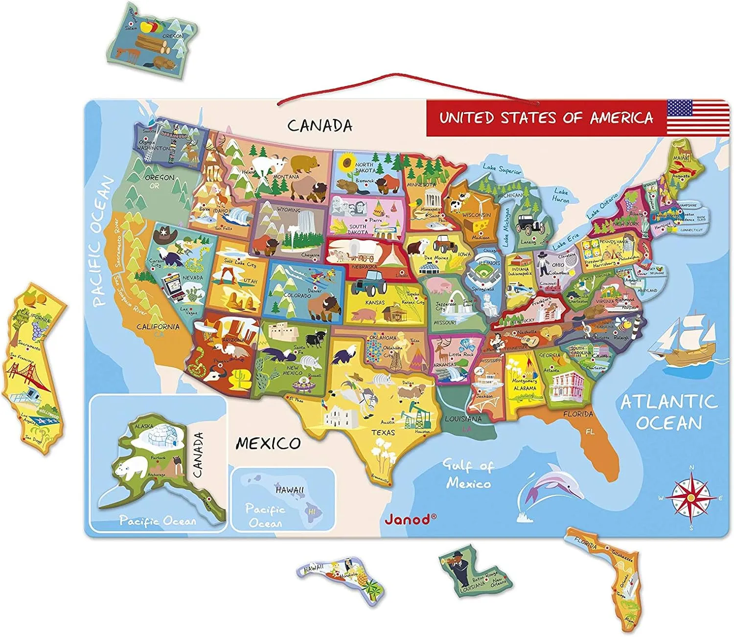 Janod Magnetic USA Map, 19.7-Inches x 13.4-Inches - J05487
