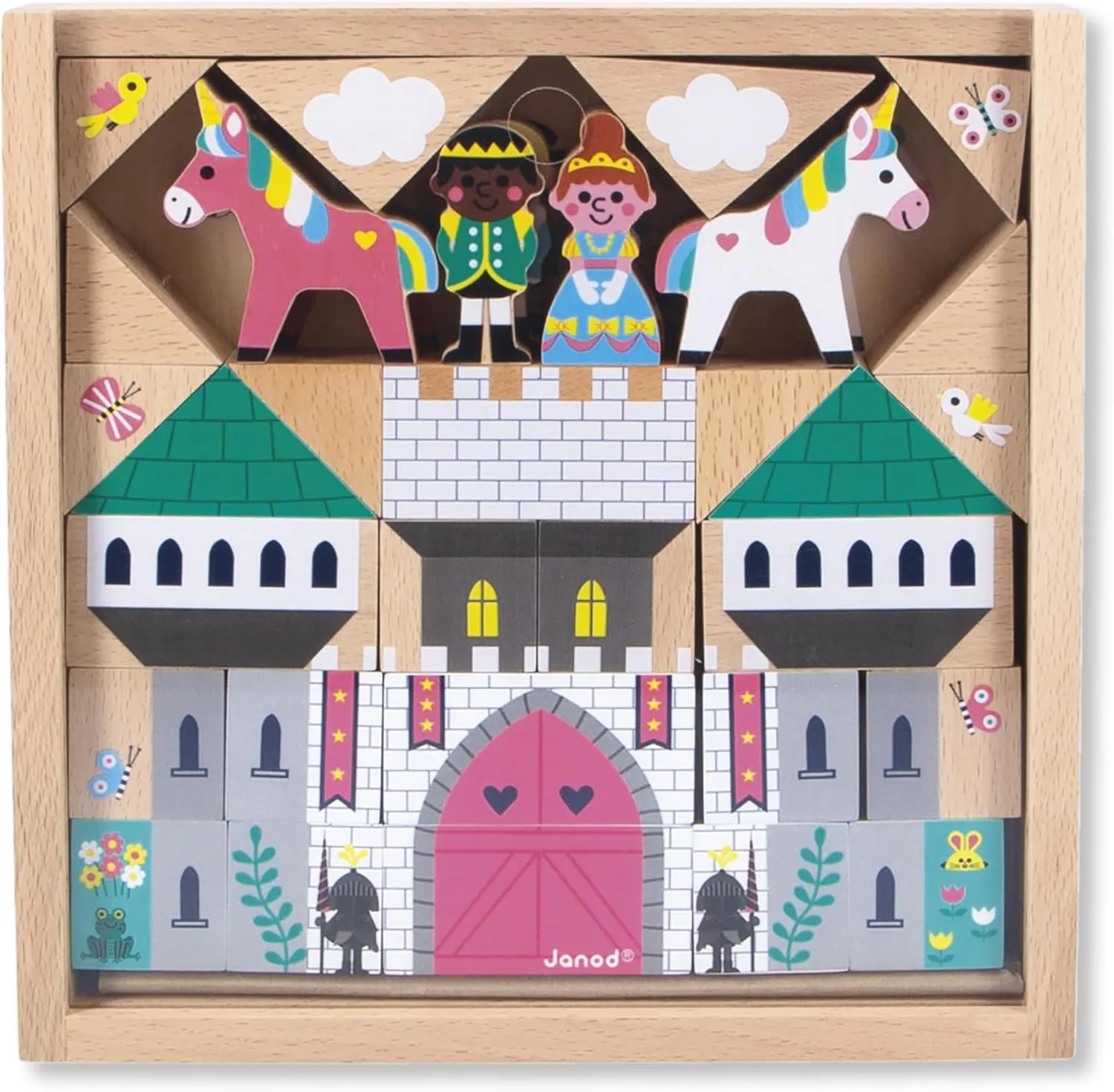 Janod - Set of 35 Solid Wooden Cubes - Enchanted Kingdom Theme - Ideal Car Mat Complement - Construction Toy - Develops Imagination - FSCTM Wooden Toy - from 2 Years Old - J05927