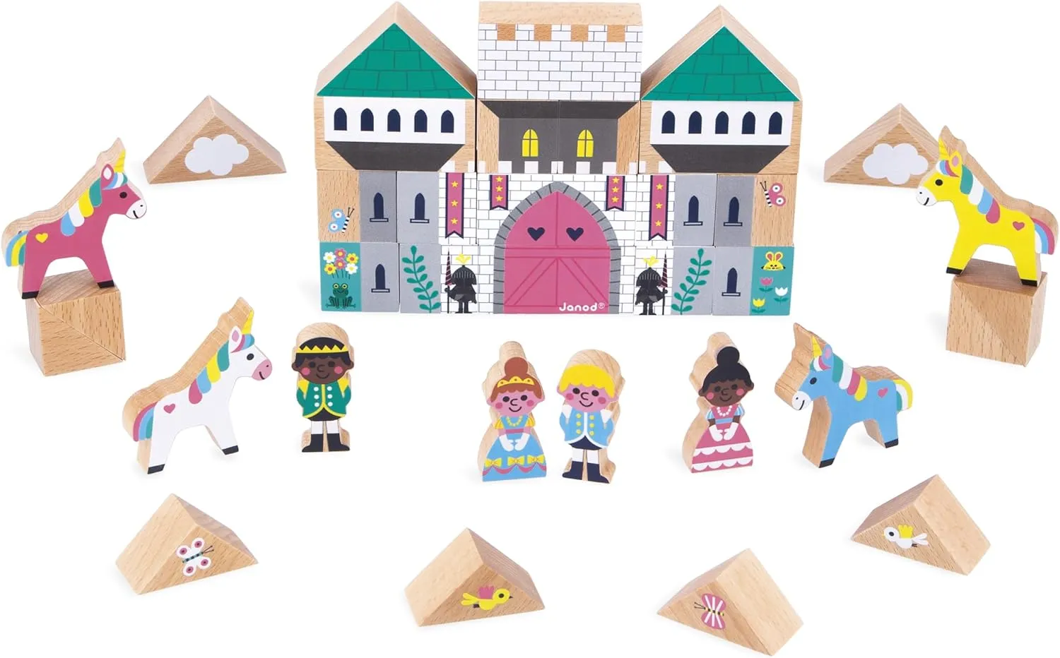 Janod - Set of 35 Solid Wooden Cubes - Enchanted Kingdom Theme - Ideal Car Mat Complement - Construction Toy - Develops Imagination - FSCTM Wooden Toy - from 2 Years Old - J05927