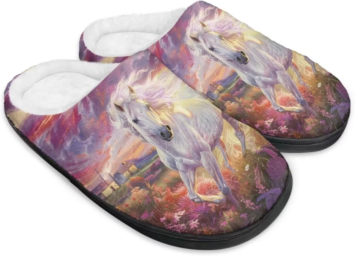 Jeiento Horse Warm Slippers for Women - Fuzzy Fluffy Hotel House Indoor Slippers Winter Closed Toe