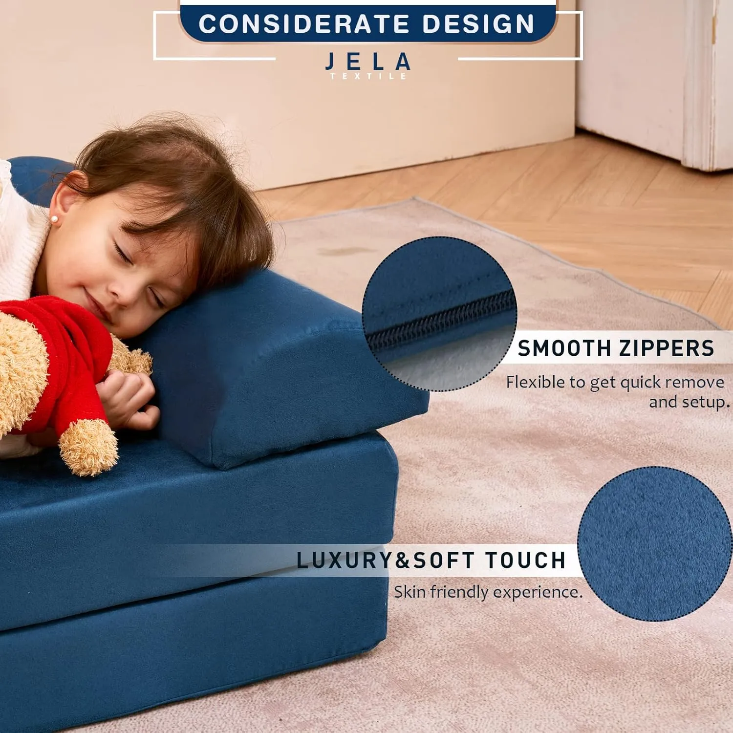 jela Kids Couch Safety Certified Play Couch Soft Kids Sofa with Machine Washable Cover Thick Foam Fort Building Set for Playroom Indoor (57"x28"x18", Navy Blue)