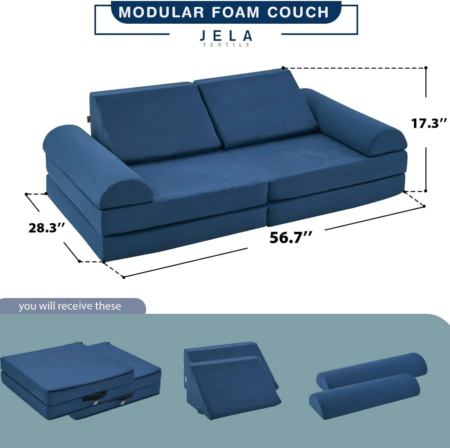 jela Kids Couch Safety Certified Play Couch Soft Kids Sofa with Machine Washable Cover Thick Foam Fort Building Set for Playroom Indoor (57"x28"x18", Navy Blue)