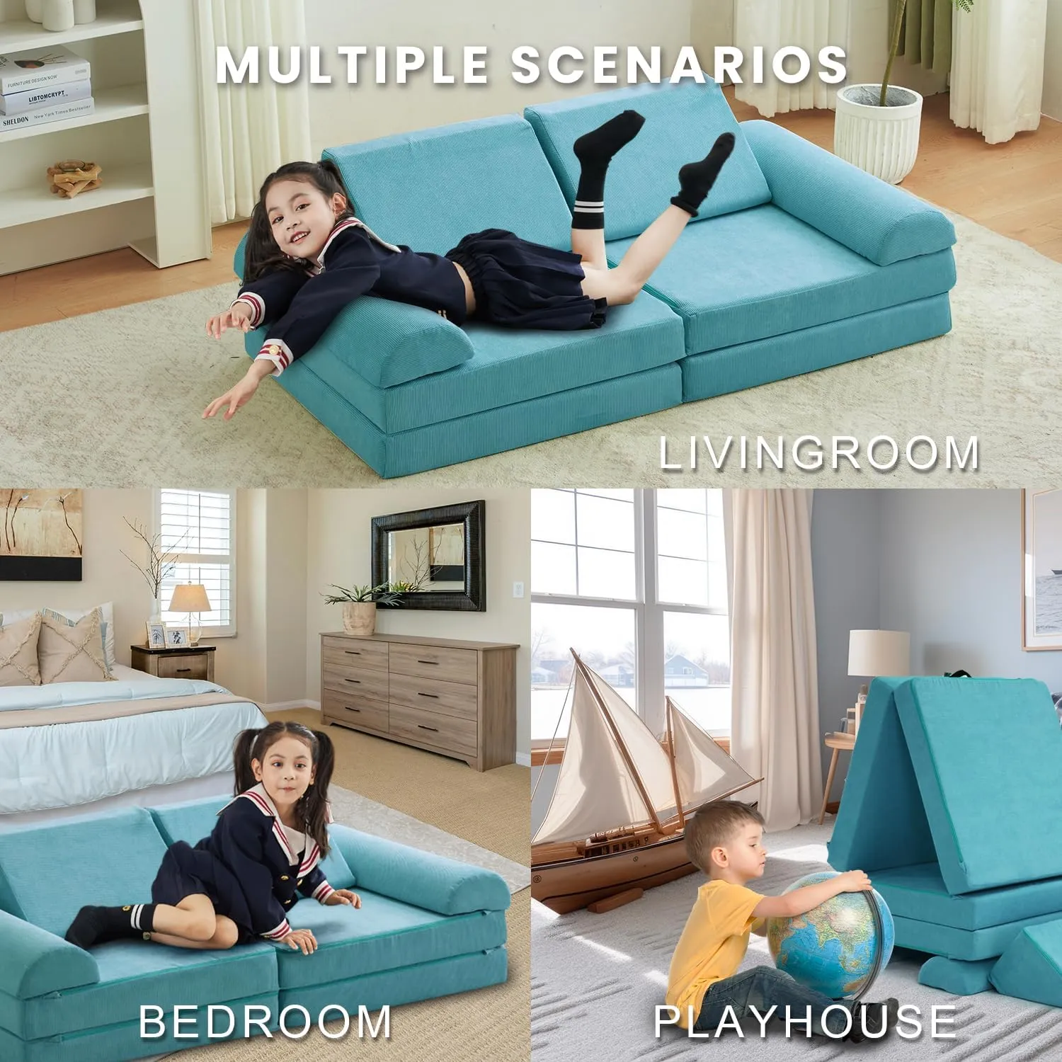 jela Kids Couch Safety Certified Play Couch Soft Kids Sofa with Machine Washable Cover Thick Foam Fort Building Set for Playroom Indoor 57x28x18 Inch (Corduroy,Teal)