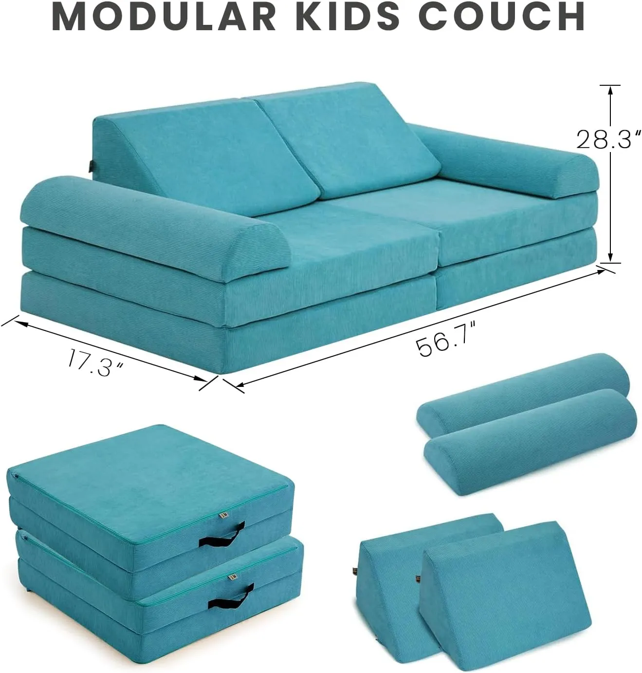 jela Kids Couch Safety Certified Play Couch Soft Kids Sofa with Machine Washable Cover Thick Foam Fort Building Set for Playroom Indoor 57x28x18 Inch (Corduroy,Teal)