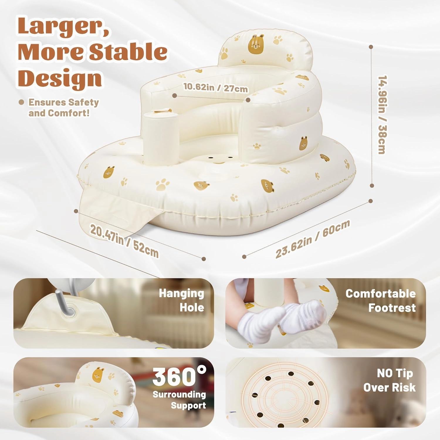 JOSEN Inflatable Baby Seat for Babies 3 Months & Up, Baby Floor Seats Learn to Sit Up, Portable Infant Feeding Shower Chair, Blow Up Baby Chair with Built in Air Pump - Cute Bear