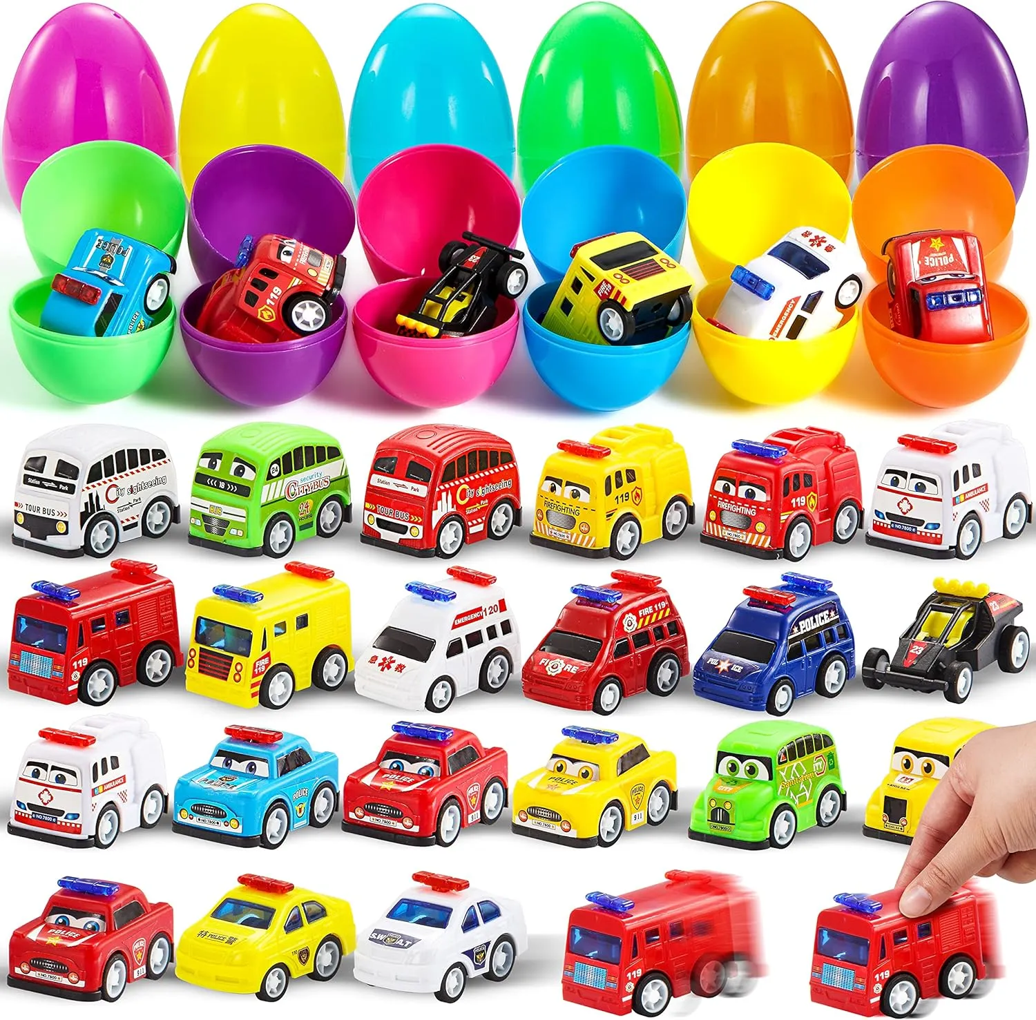 JOYIN 24 Pcs Mini Pull Back City Cars Prefilled Easter Eggs with Vehicle Toys for Kids Boys Eggs Hunt, Easter Basket Stuffers/Fillers, Party Favors, Classroom Prize Supplies