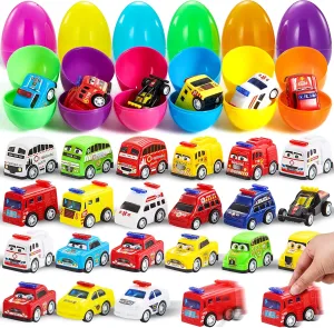 JOYIN 24 Pcs Mini Pull Back City Cars Prefilled Easter Eggs with Vehicle Toys for Kids Boys Eggs Hunt, Easter Basket Stuffers/Fillers, Party Favors, Classroom Prize Supplies