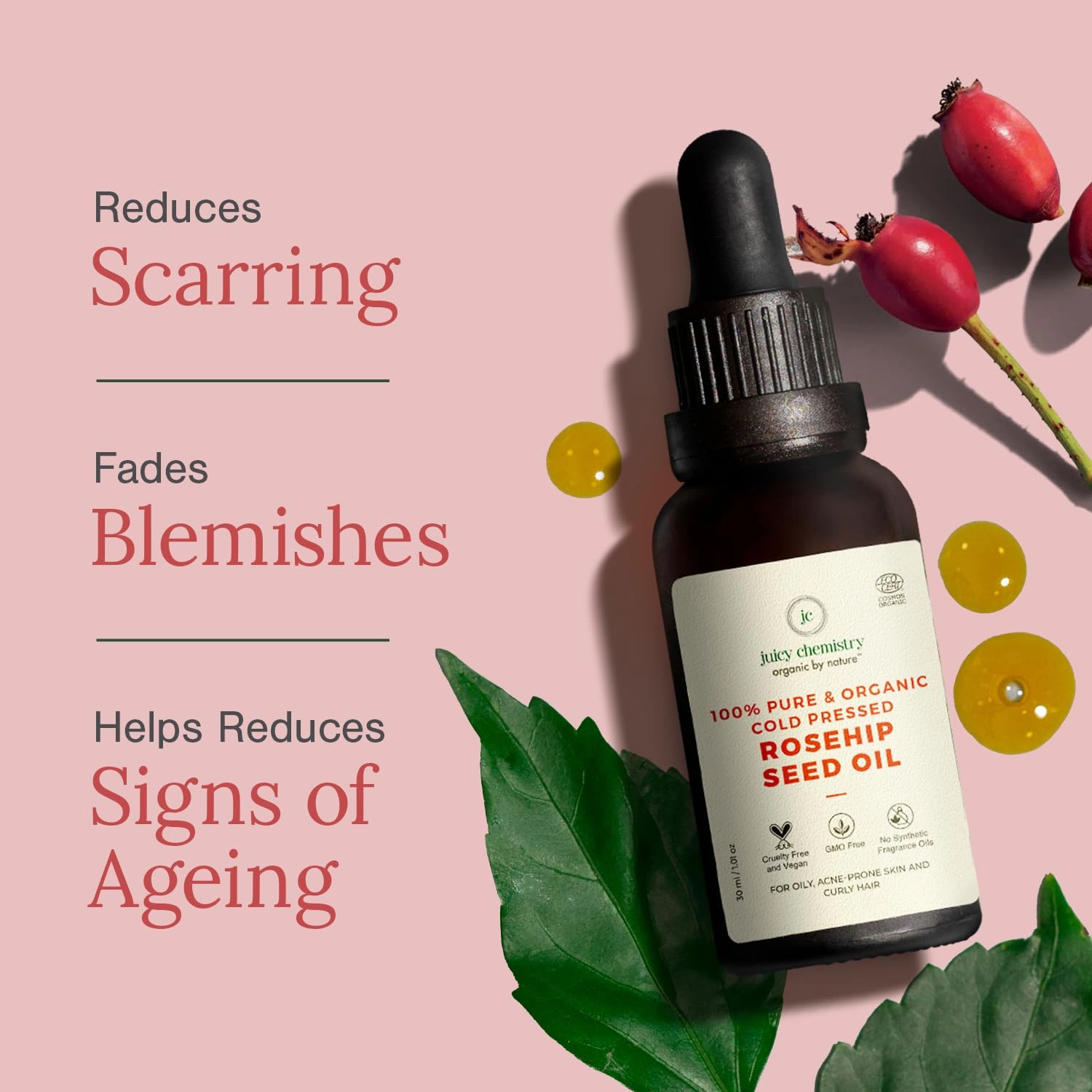 Juicy Chemistry - Certified Organic & 100% Natural Cold Pressed Carrier Oil w/Rosehip Seed Oil for Acne and Pigmentation Control (30ml)