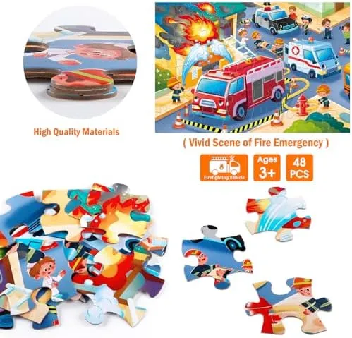 Jumbo Floor Puzzle for Kids,Fire Rescue Jigsaw Large Puzzles,48 Piece Firefighter Fireman Fire Truck Puzzle for Toddler Ages 3-5,Children Learning Preschool Educational Toys,Gift for 4-8 Years Old