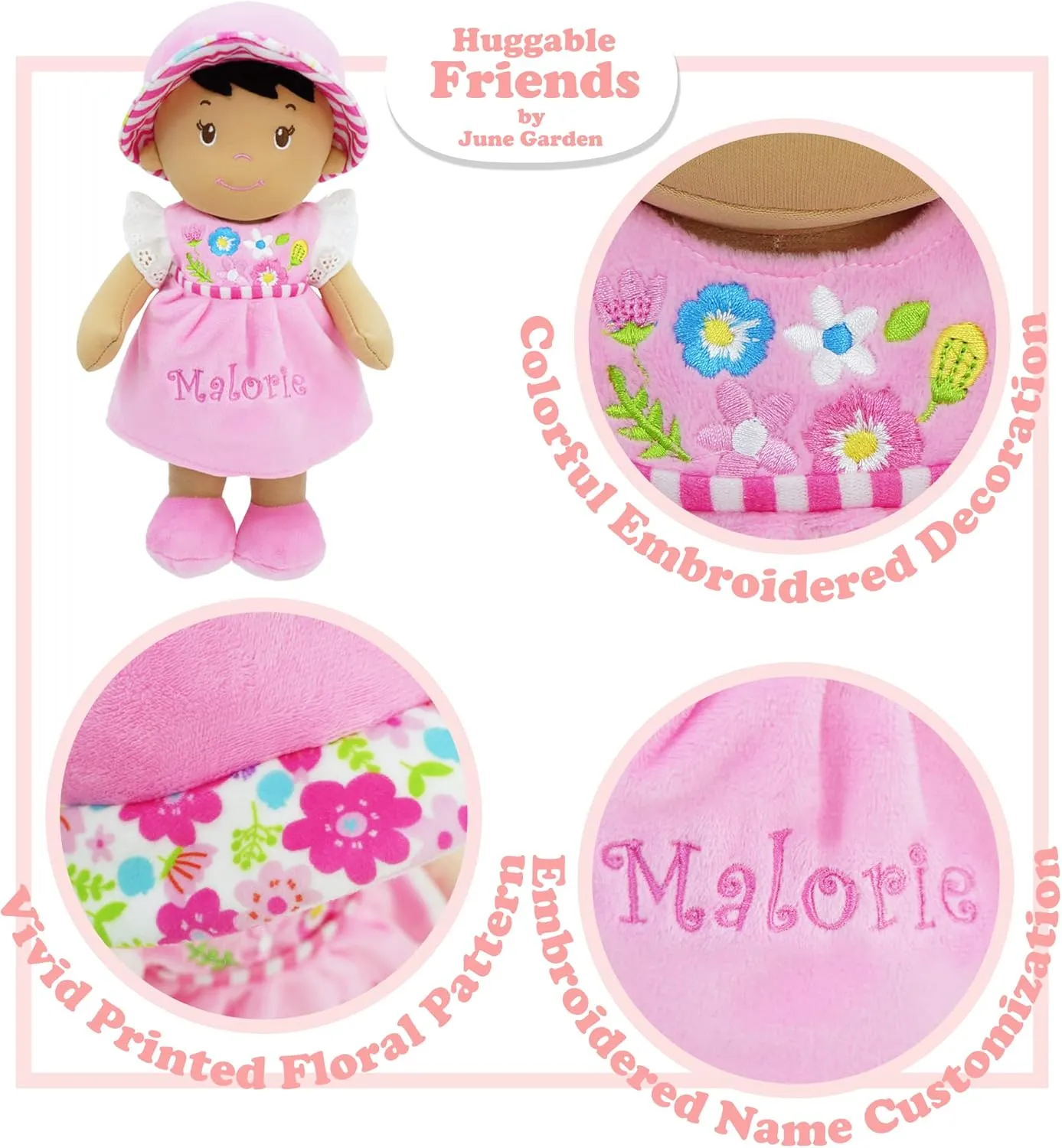 June Garden Personalized Soft Dolly Malorie - Stuffed Soft Baby Doll for Birth and Up with Custom Name - Pink Dress