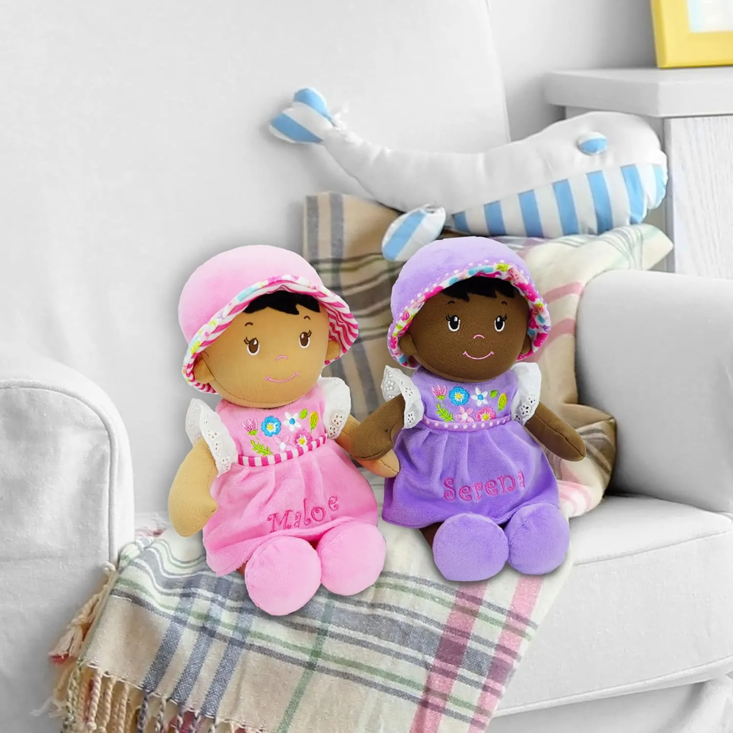 June Garden Personalized Soft Dolly Malorie - Stuffed Soft Baby Doll for Birth and Up with Custom Name - Pink Dress