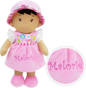 June Garden Personalized Soft Dolly Malorie - Stuffed Soft Baby Doll for Birth and Up with Custom Name - Pink Dress
