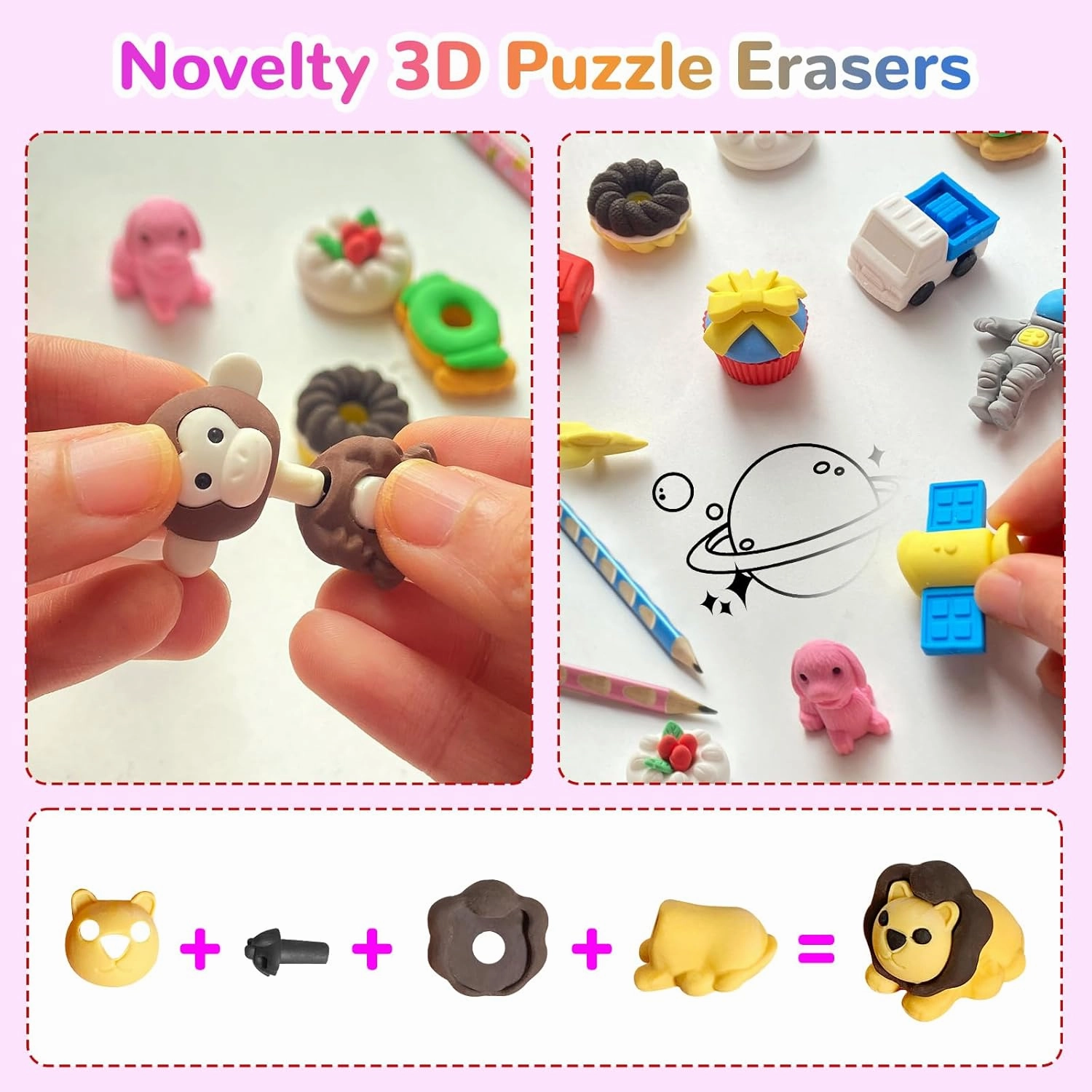 Kaemi 80 Pcs Animal Erasers Desk Pets for Kids Classroom Prizes Fun Cool 3D Puzzle Food Erasers Bulk Mini Cute Pencil Eraser Pals Toys for Party Favors Treasure Box Goodie Bag Stuffers