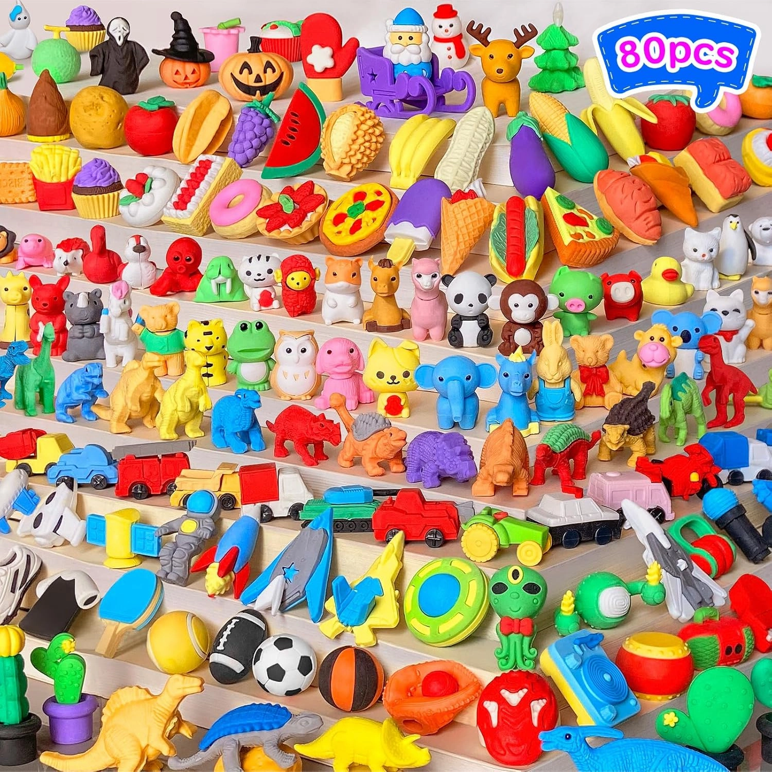 Kaemi 80 Pcs Animal Erasers Desk Pets for Kids Classroom Prizes Fun Cool 3D Puzzle Food Erasers Bulk Mini Cute Pencil Eraser Pals Toys for Party Favors Treasure Box Goodie Bag Stuffers