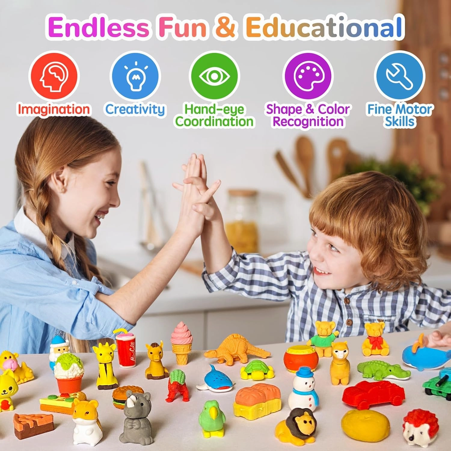 Kaemi 80 Pcs Animal Erasers Desk Pets for Kids Classroom Prizes Fun Cool 3D Puzzle Food Erasers Bulk Mini Cute Pencil Eraser Pals Toys for Party Favors Treasure Box Goodie Bag Stuffers