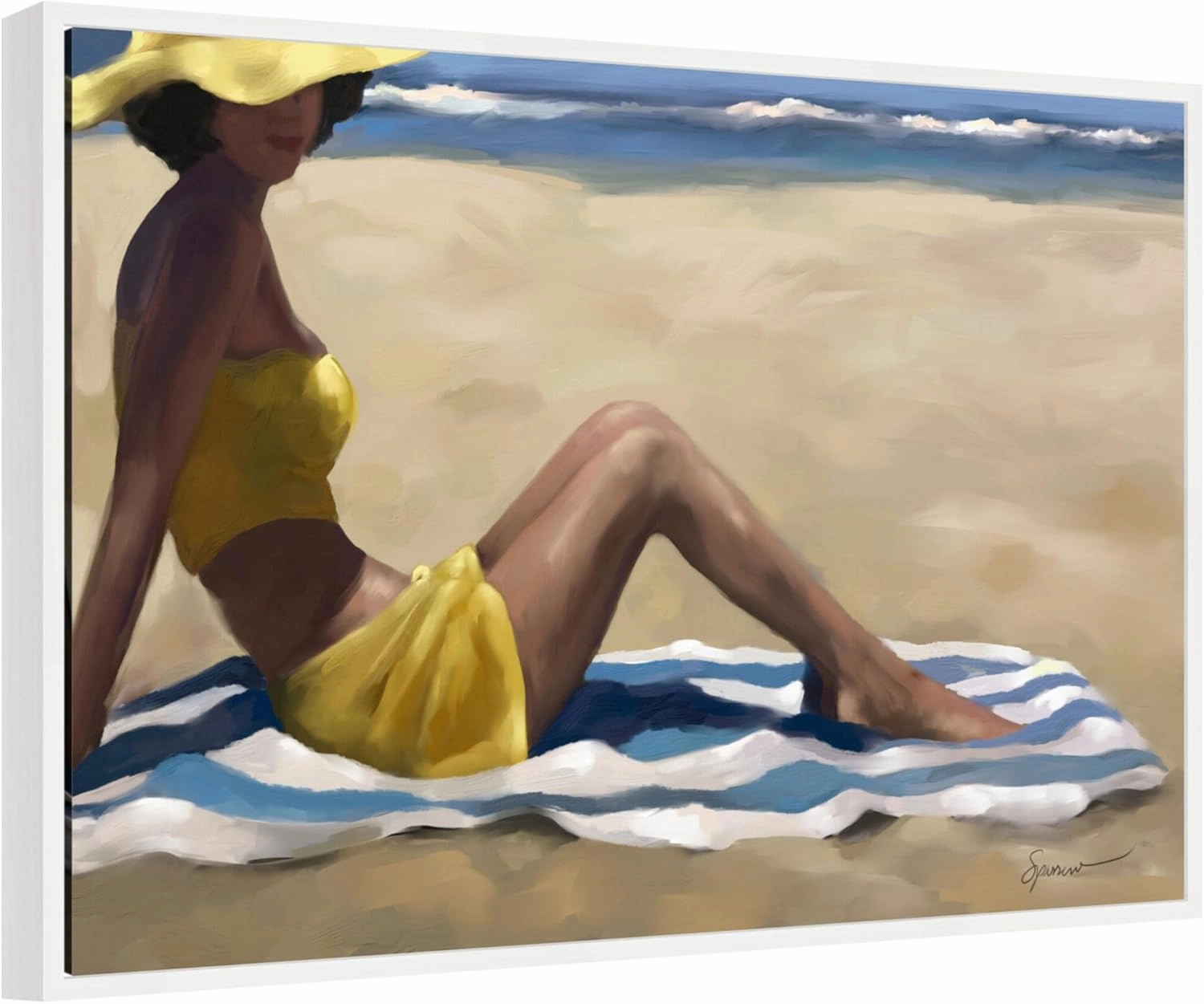 Kate and Laurel Sunny Side Framed Canvas Wall Art by Mary Sparrow 33 x 23 Sylvie White, Coastal, Beach, People Art for Wall Decor, Living Room, Bedroom