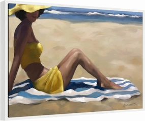 Kate and Laurel Sunny Side Framed Canvas Wall Art by Mary Sparrow 33 x 23 Sylvie White, Coastal, Beach, People Art for Wall Decor, Living Room, Bedroom