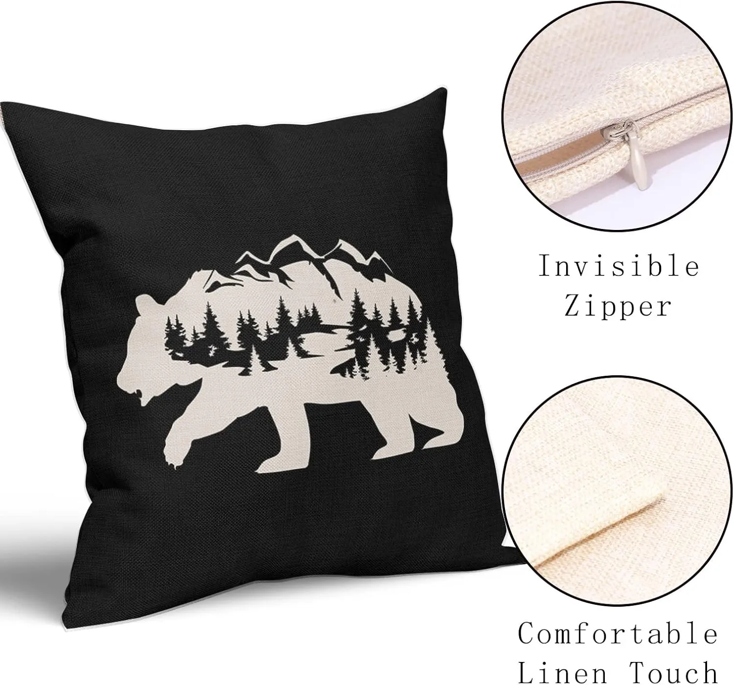 Kawani Bear Black Pillow Covers 18X18 in Cabin Rustic Bear Decor Forest Mountain Decorative Couch Pillow Cases with Zipper Set of 2 Home Decor for Living Room Bedroom Bed Cushion Outdoor
