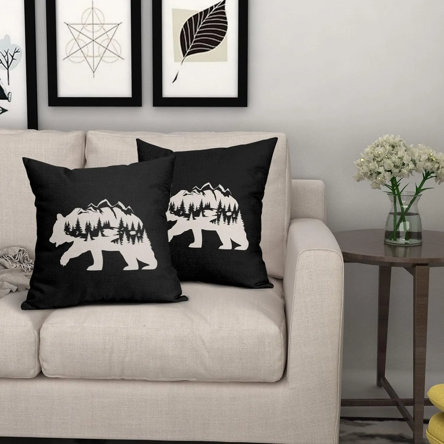 Kawani Bear Black Pillow Covers 18X18 in Cabin Rustic Bear Decor Forest Mountain Decorative Couch Pillow Cases with Zipper Set of 2 Home Decor for Living Room Bedroom Bed Cushion Outdoor