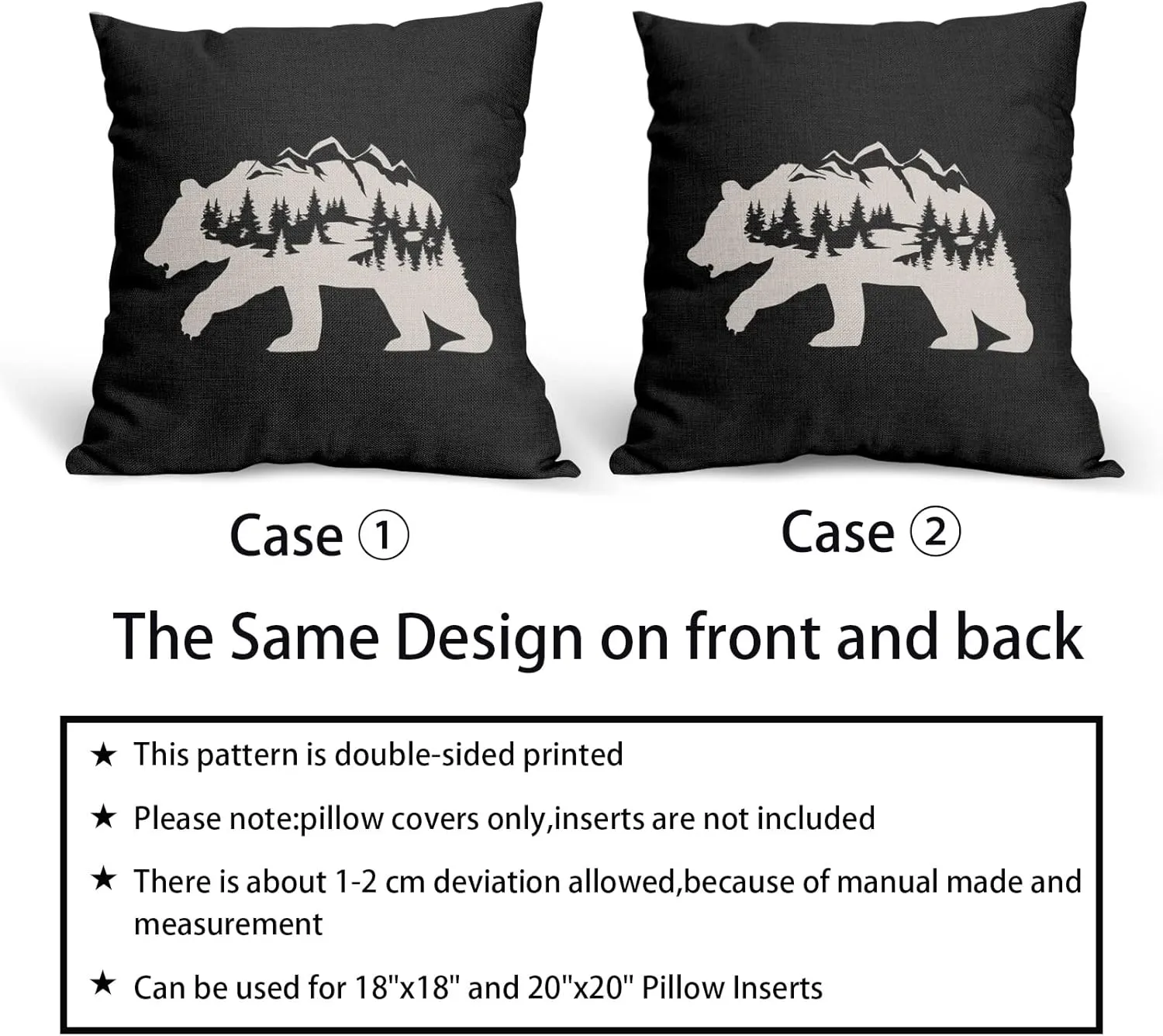 Kawani Bear Black Pillow Covers 18X18 in Cabin Rustic Bear Decor Forest Mountain Decorative Couch Pillow Cases with Zipper Set of 2 Home Decor for Living Room Bedroom Bed Cushion Outdoor