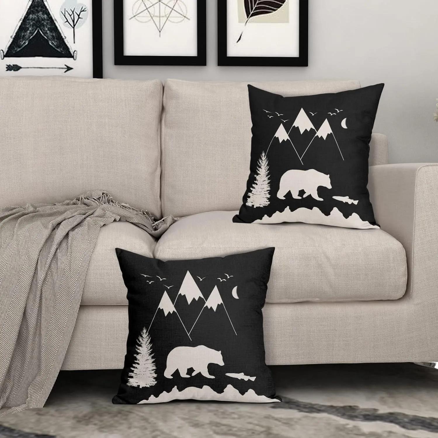 Kawani Bear Black Pillow Covers 18X18 in Cabin Rustic Bear Decor Mountain Fish Decorative Couch Pillow Cases with Zipper Set of 2 Home Decor for Living Room Bedroom Bed Cushion Outdoor