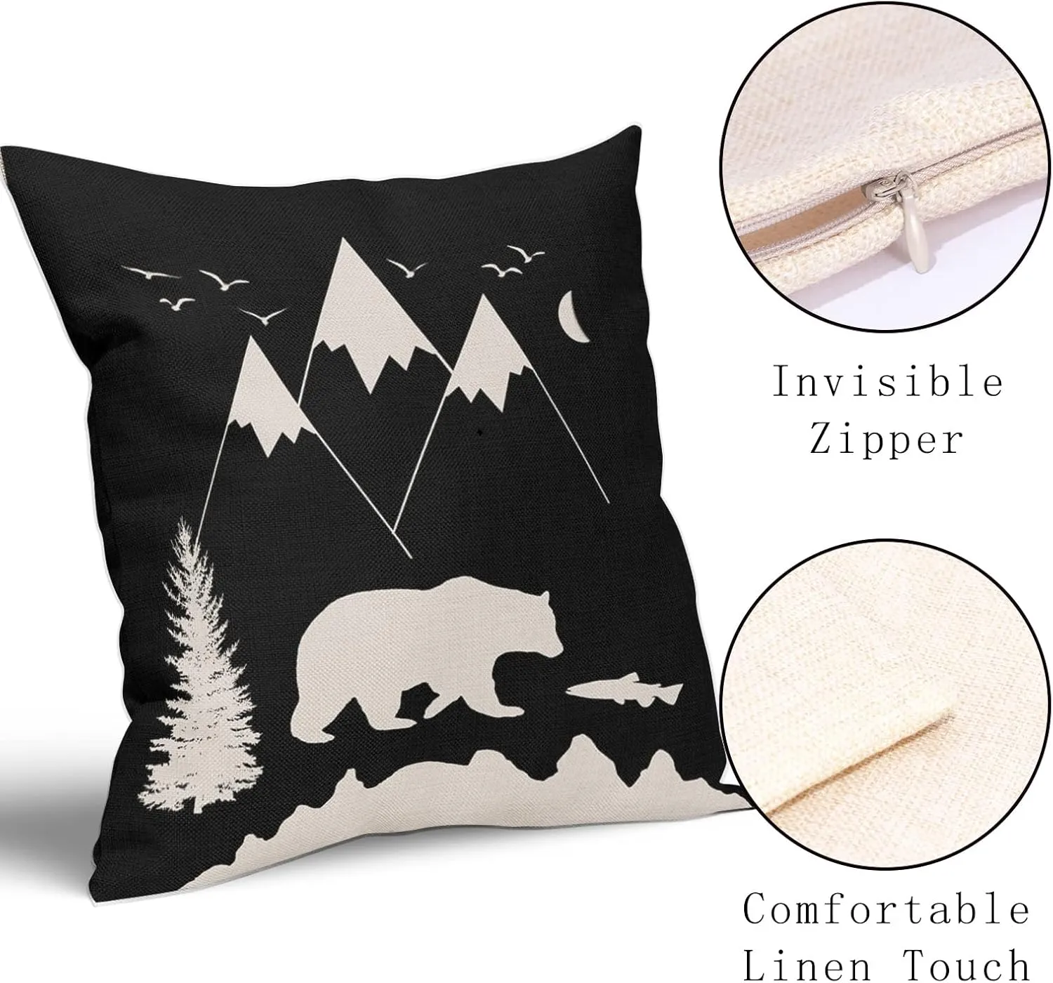 Kawani Bear Black Pillow Covers 18X18 in Cabin Rustic Bear Decor Mountain Fish Decorative Couch Pillow Cases with Zipper Set of 2 Home Decor for Living Room Bedroom Bed Cushion Outdoor