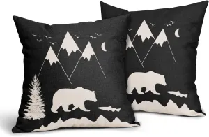 Kawani Bear Black Pillow Covers 18X18 in Cabin Rustic Bear Decor Mountain Fish Decorative Couch Pillow Cases with Zipper Set of 2 Home Decor for Living Room Bedroom Bed Cushion Outdoor