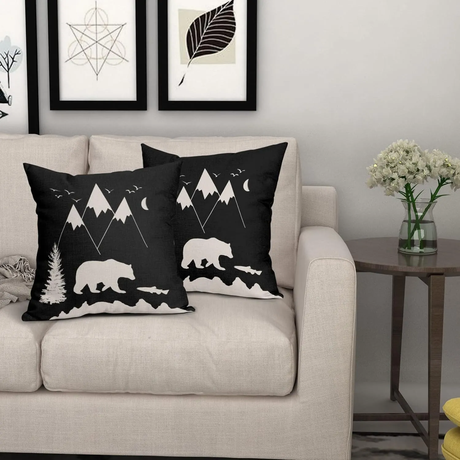 Kawani Bear Black Pillow Covers 18X18 in Cabin Rustic Bear Decor Mountain Fish Decorative Couch Pillow Cases with Zipper Set of 2 Home Decor for Living Room Bedroom Bed Cushion Outdoor