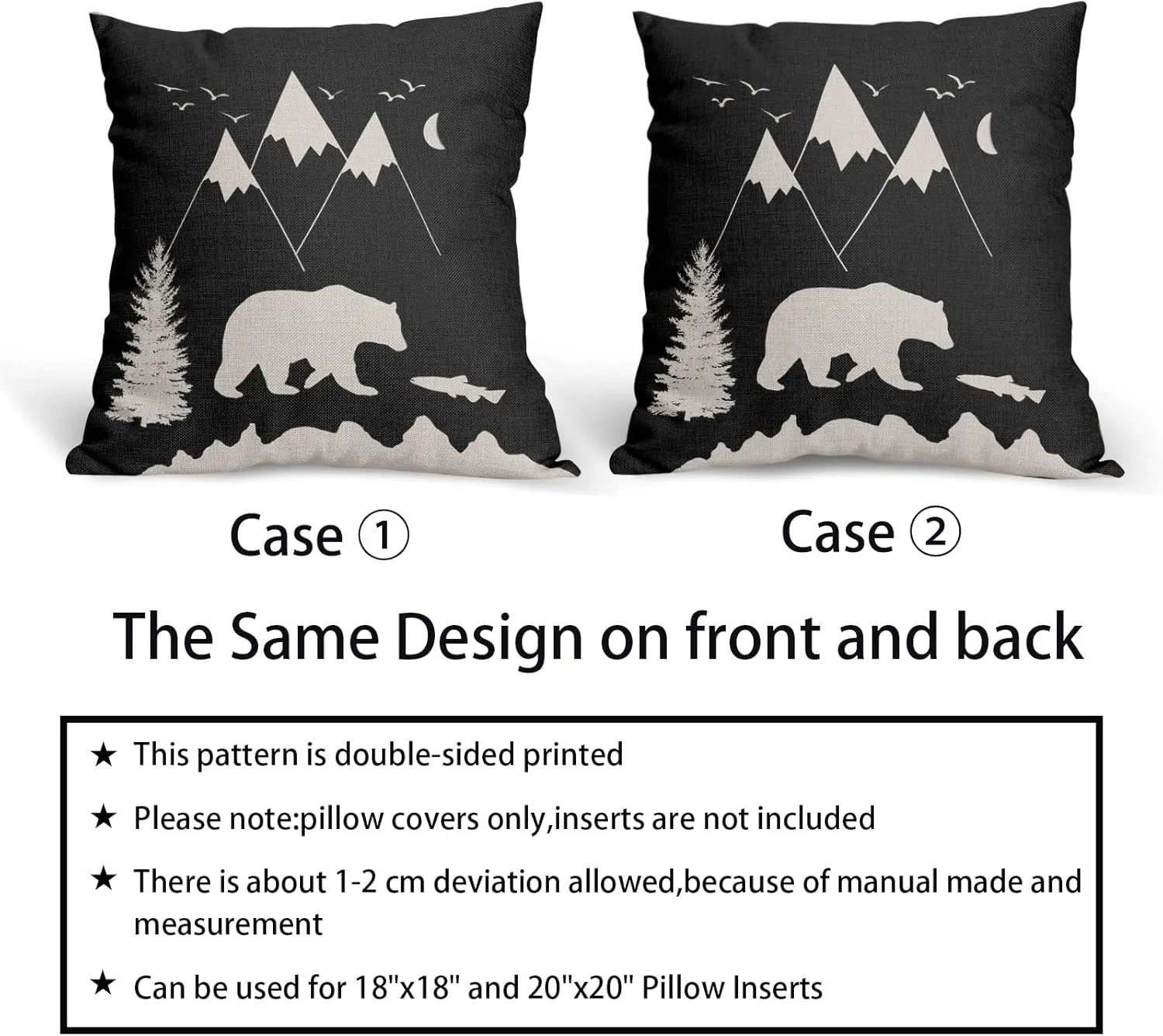 Kawani Bear Black Pillow Covers 18X18 in Cabin Rustic Bear Decor Mountain Fish Decorative Couch Pillow Cases with Zipper Set of 2 Home Decor for Living Room Bedroom Bed Cushion Outdoor