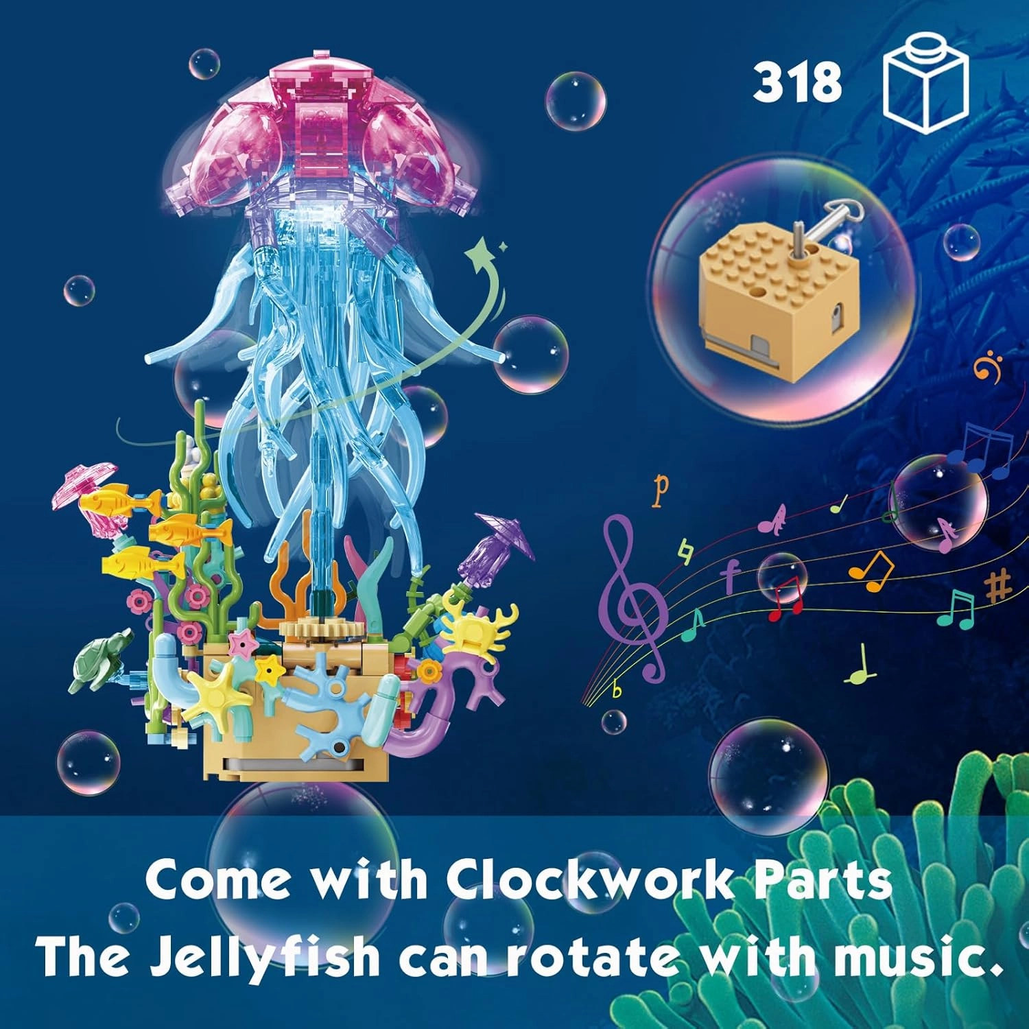 KAZI Jellyfish Building Toy Set - Music Box with Light for Adults & Kids Ages 8 Plus,DIY Crafts Kit for Home Decor,Living Room or Bedroom,Gifts for Sea Creatures Lovers,Birthday Gifts