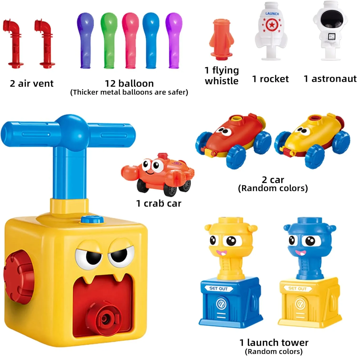 Kids Balloon Power Car With Pump, Party Supplies, 12 Balloons and Launcher - Preschool Educational Science Toy for Boys Ages 3-12 (Red-Yellow)