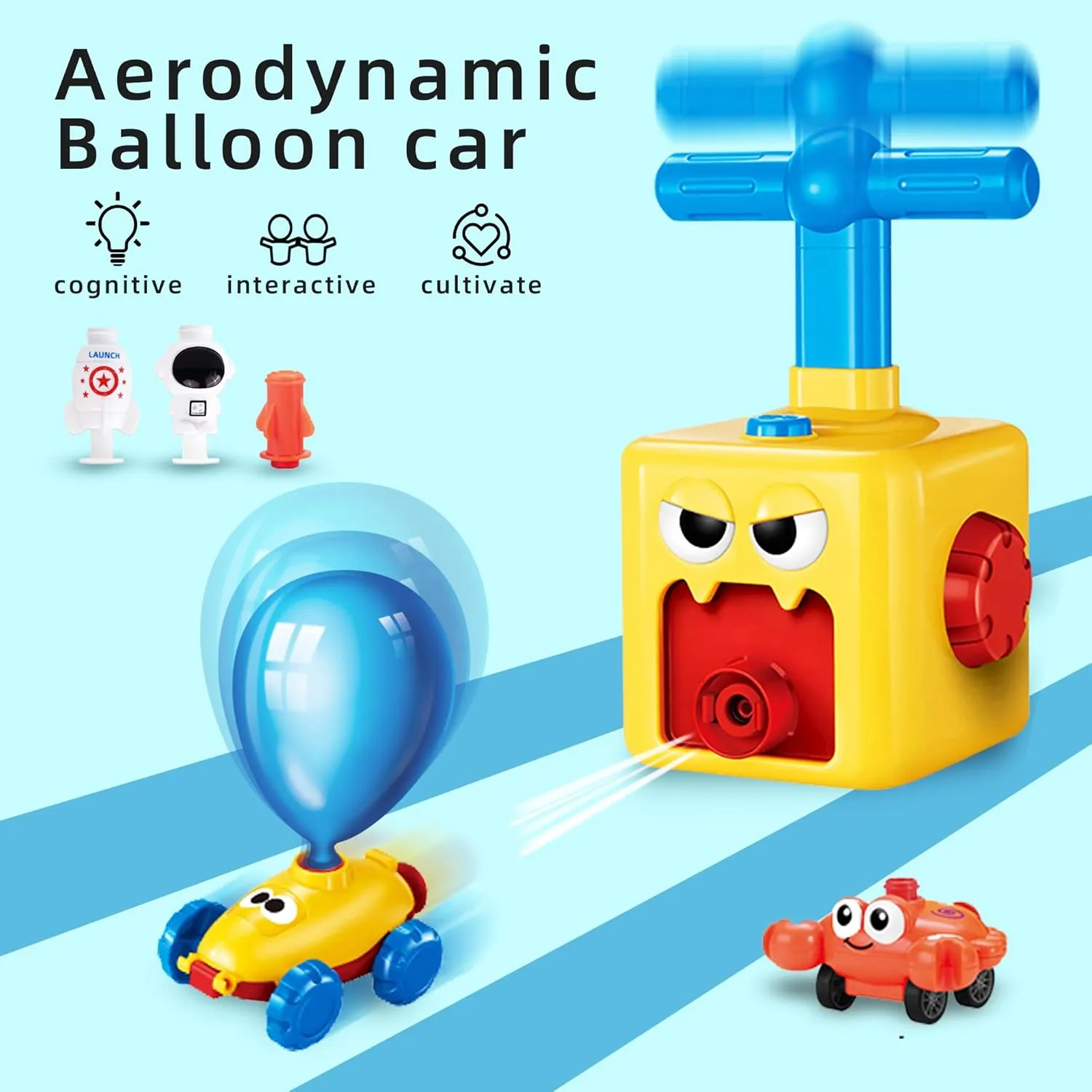 Kids Balloon Power Car With Pump, Party Supplies, 12 Balloons and Launcher - Preschool Educational Science Toy for Boys Ages 3-12 (Red-Yellow)