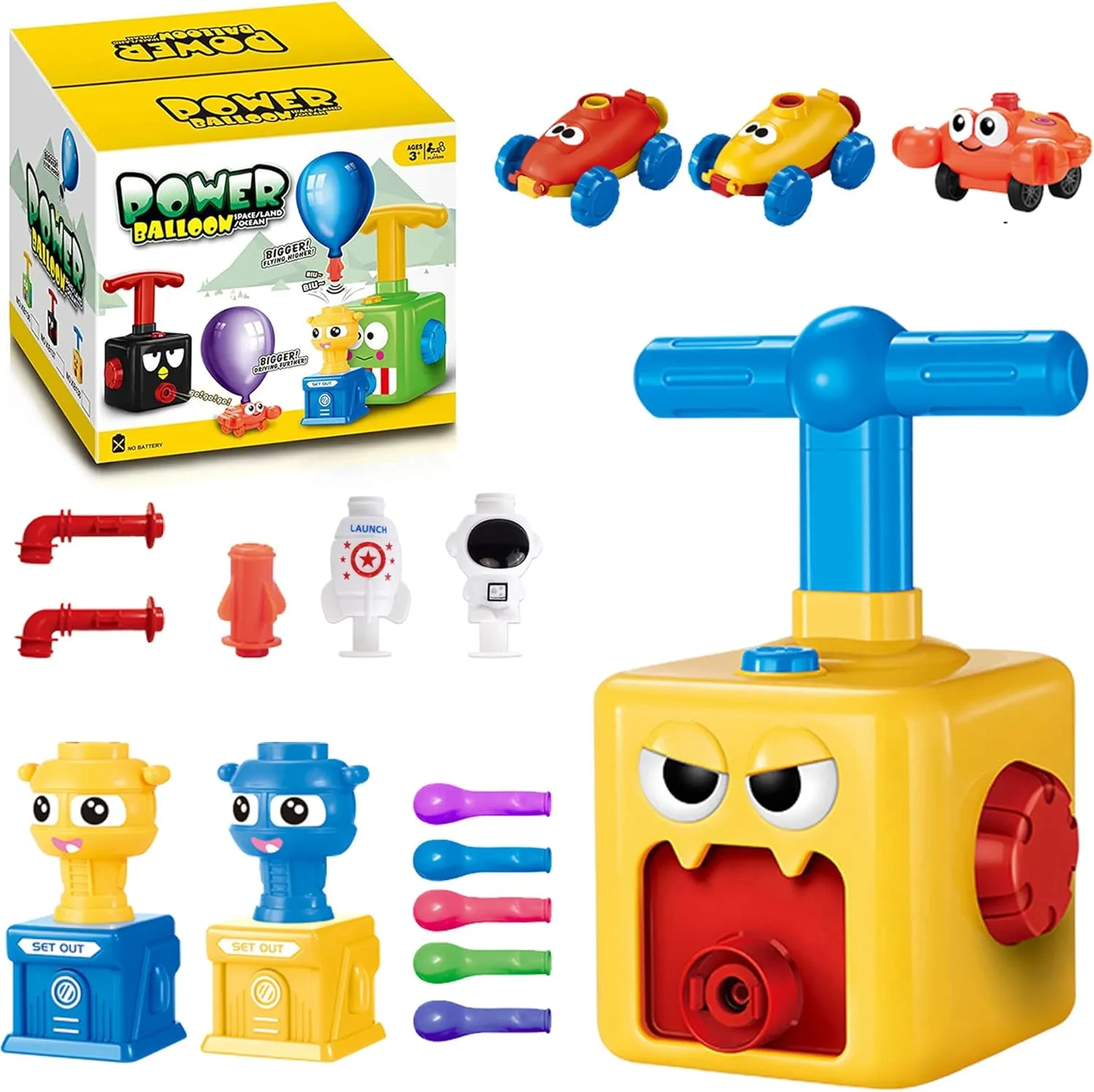 Kids Balloon Power Car With Pump, Party Supplies, 12 Balloons and Launcher - Preschool Educational Science Toy for Boys Ages 3-12 (Red-Yellow)
