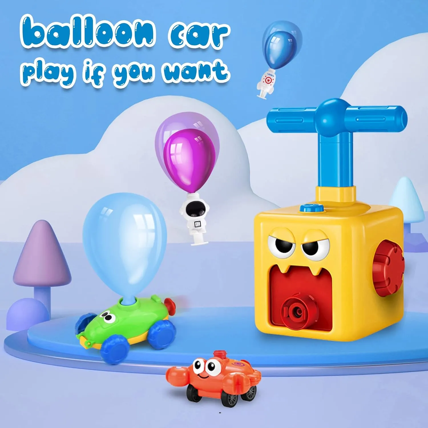 Kids Balloon Power Car With Pump, Party Supplies, 12 Balloons and Launcher - Preschool Educational Science Toy for Boys Ages 3-12 (Red-Yellow)