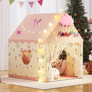 Kids Play Tent, Princess Tent Indoor Playhouse Set with Star Lights, Ball Lights, Colorful Flags, Butterflies, Clouds - Pink Tents for Kids Toddle Castle for Girls Toy House Gift