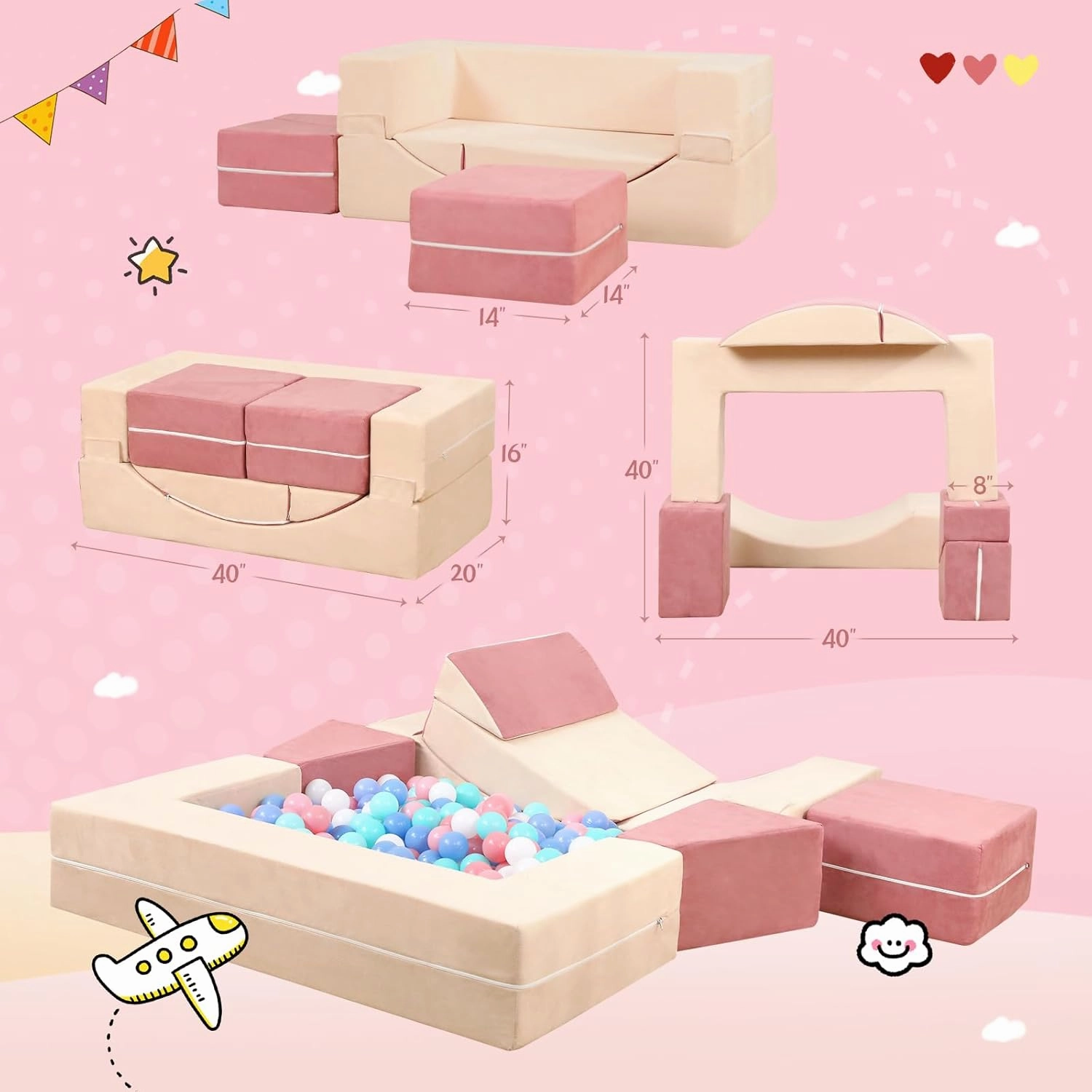Kids Couch, Modular Kids Sofa for Toddlers, Toddler Couch Foam Play Set, Convertible Sofa for Children