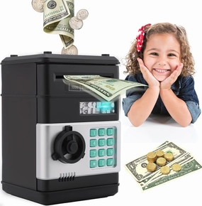 Kids Piggy Bank,Large Capacity and Auto-Scroll Function Electronic Cash Coin Money Saving Box,ATM Machine Money Bank Toy for Kids Aged 3 4 5 6 7 8 9 10 11 12 13 14 Boys and Girls (Black)