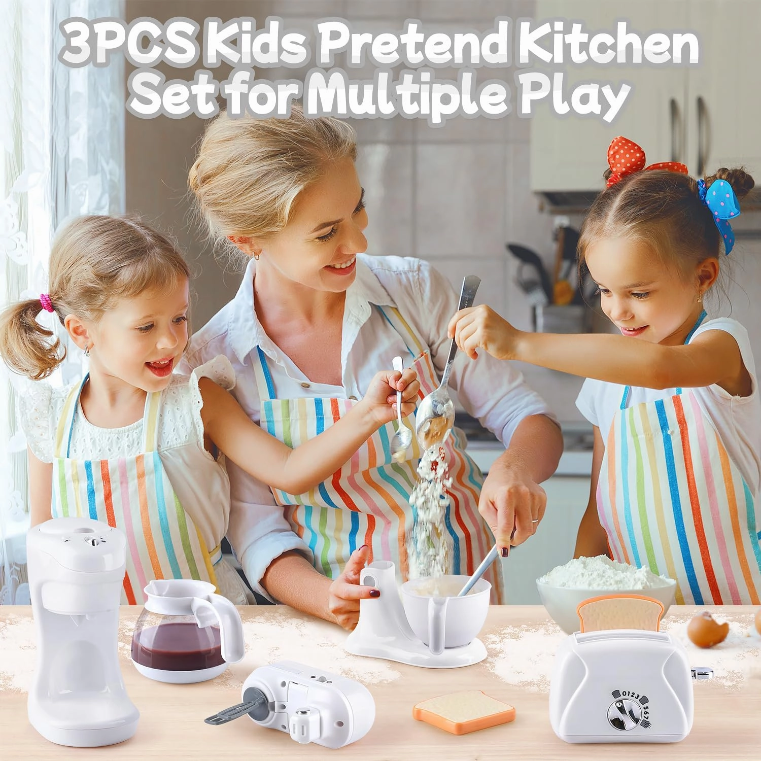 Kitchen Appliances Toys, Kids Play Kitchen Accessories Set, Pretend Kitchen Toys for Kids Ages 4-8, Coffee Maker, Mixer, Toaster with Realistic Lights & Sounds, Gift for Girls Ages 3 