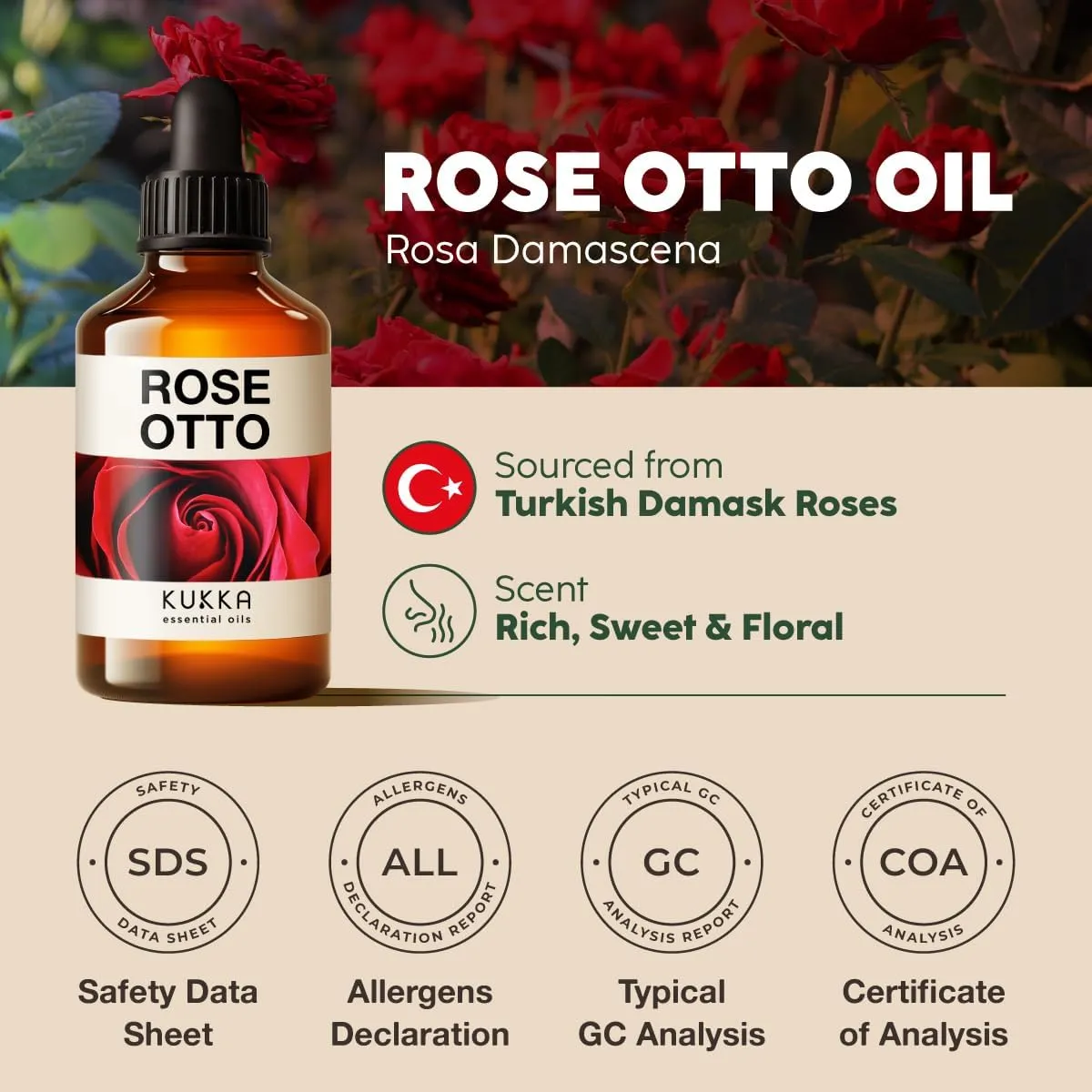Kukka Rose Essential Oil for Skin, Face & Diffuser - 4 Fl Oz - 100% Pure Natural Rose Oil, Delicate Floral Scent, for Aromatherapy, Bath Bomb & Soap Making Scent DIY