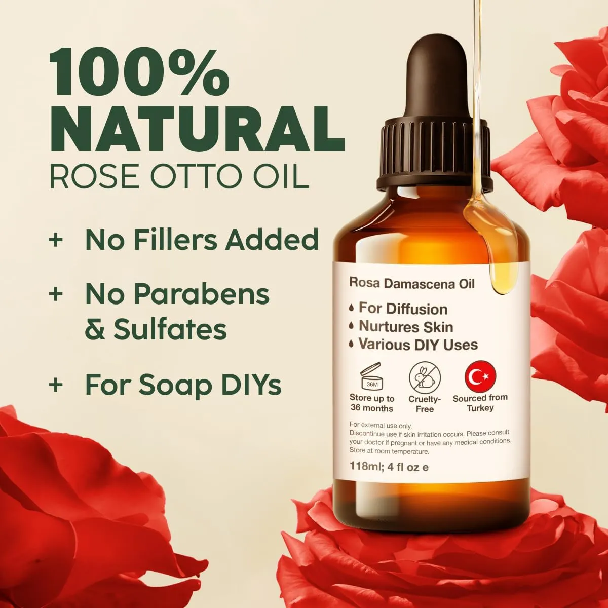 Kukka Rose Essential Oil for Skin, Face & Diffuser - 4 Fl Oz - 100% Pure Natural Rose Oil, Delicate Floral Scent, for Aromatherapy, Bath Bomb & Soap Making Scent DIY
