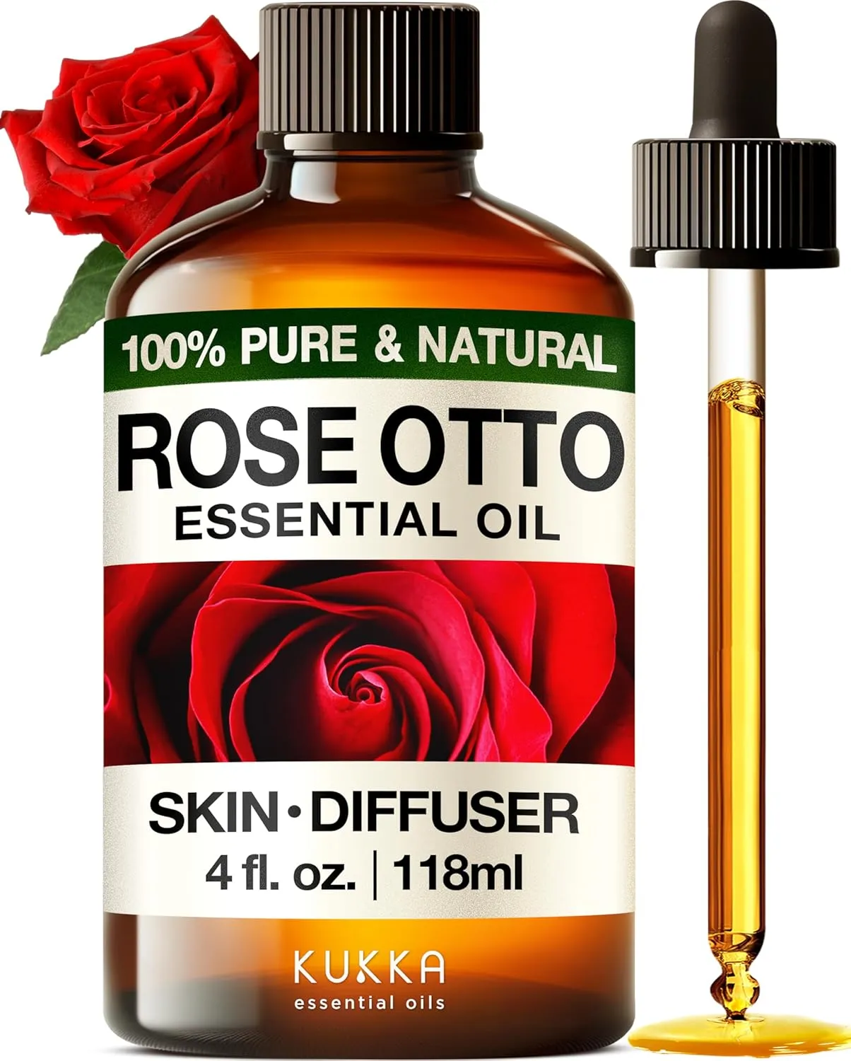 Kukka Rose Essential Oil for Skin, Face & Diffuser - 4 Fl Oz - 100% Pure Natural Rose Oil, Delicate Floral Scent, for Aromatherapy, Bath Bomb & Soap Making Scent DIY