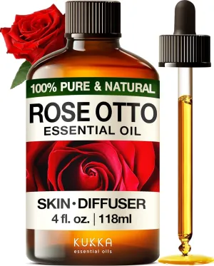 Kukka Rose Essential Oil for Skin, Face & Diffuser - 4 Fl Oz - 100% Pure Natural Rose Oil, Delicate Floral Scent, for Aromatherapy, Bath Bomb & Soap Making Scent DIY