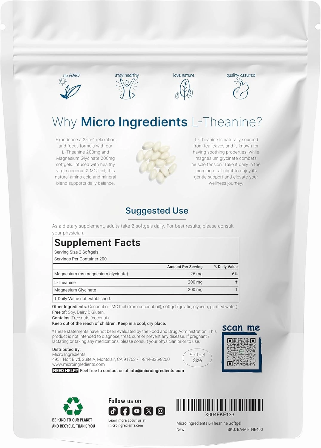 L-Theanine 200mg with Magnesium Glycinate, 400 Coconut MCT Oil Softgels | Relaxation, Focus & Muscle Support Supplement | 2-in-1 Amino Acid & Mineral Complex | Gentle Care All Day & Night