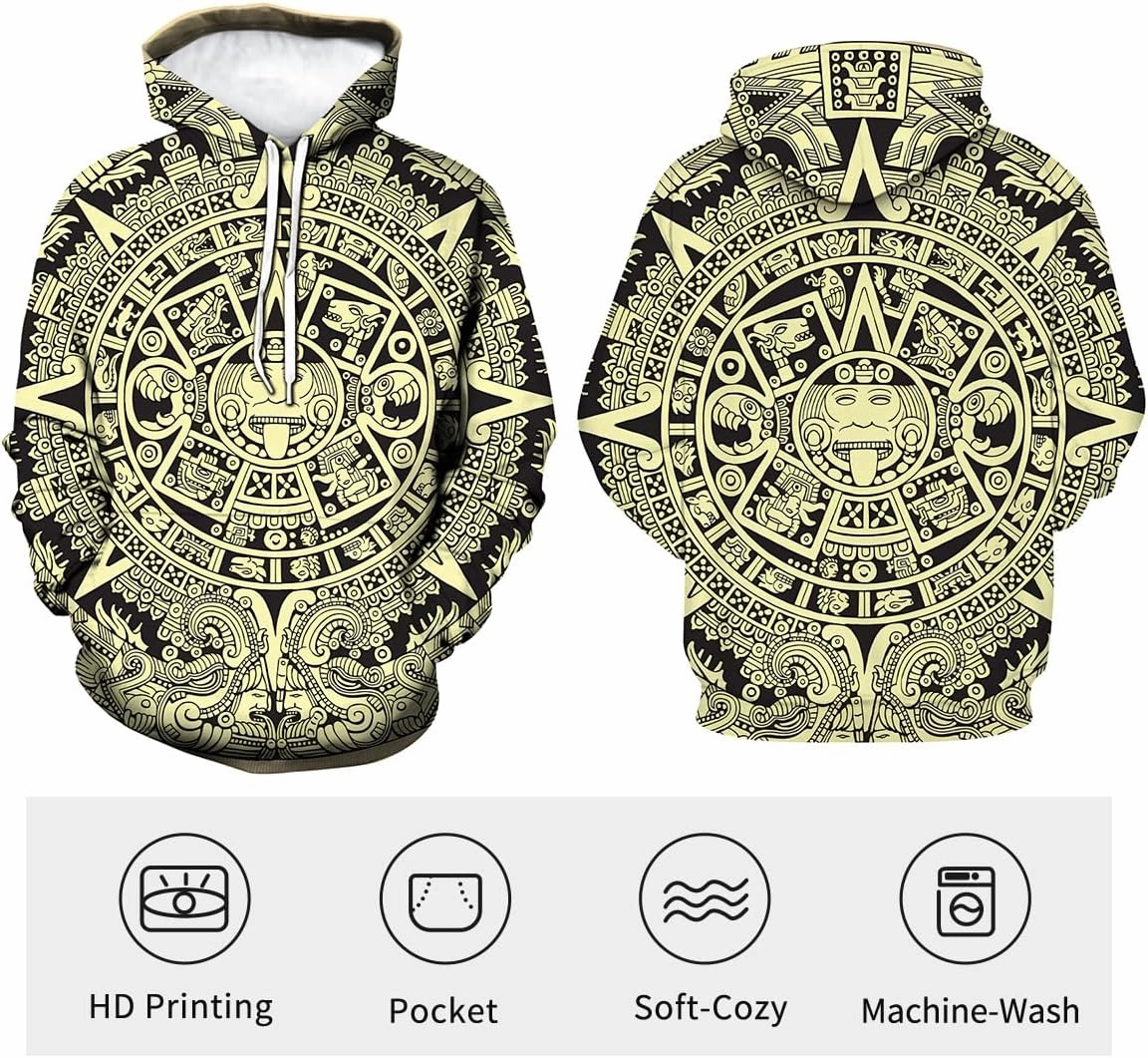 LAOLIUSN Men's Aztec Hoodie with Mayan Totems Design Mexican Themed Printed Sweatshirt