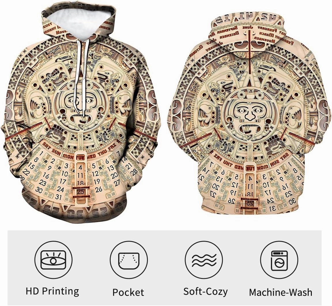 LAOLIUSN Men's Aztec Hoodie with Mayan Totems Design Mexican Themed Printed Sweatshirt