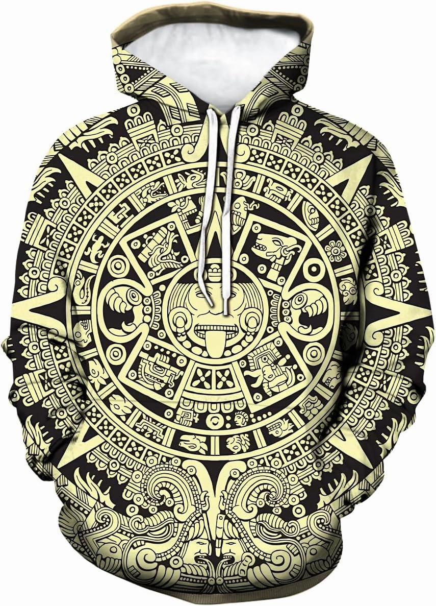 LAOLIUSN Men's Aztec Hoodie with Mayan Totems Design Mexican Themed Printed Sweatshirt